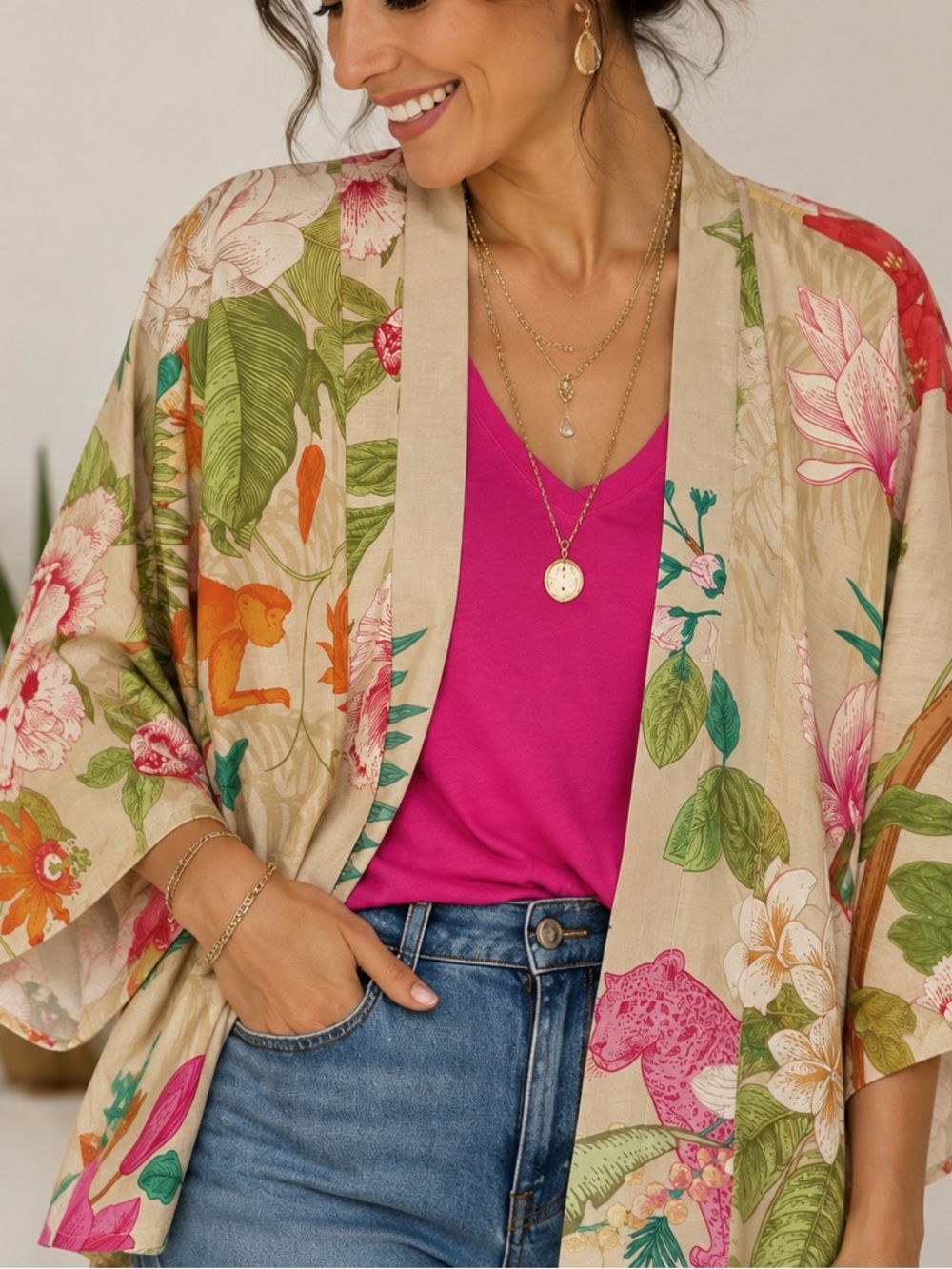 NWT Powder Tropical Flora & Fauna Kimono Jacket Coconut OS